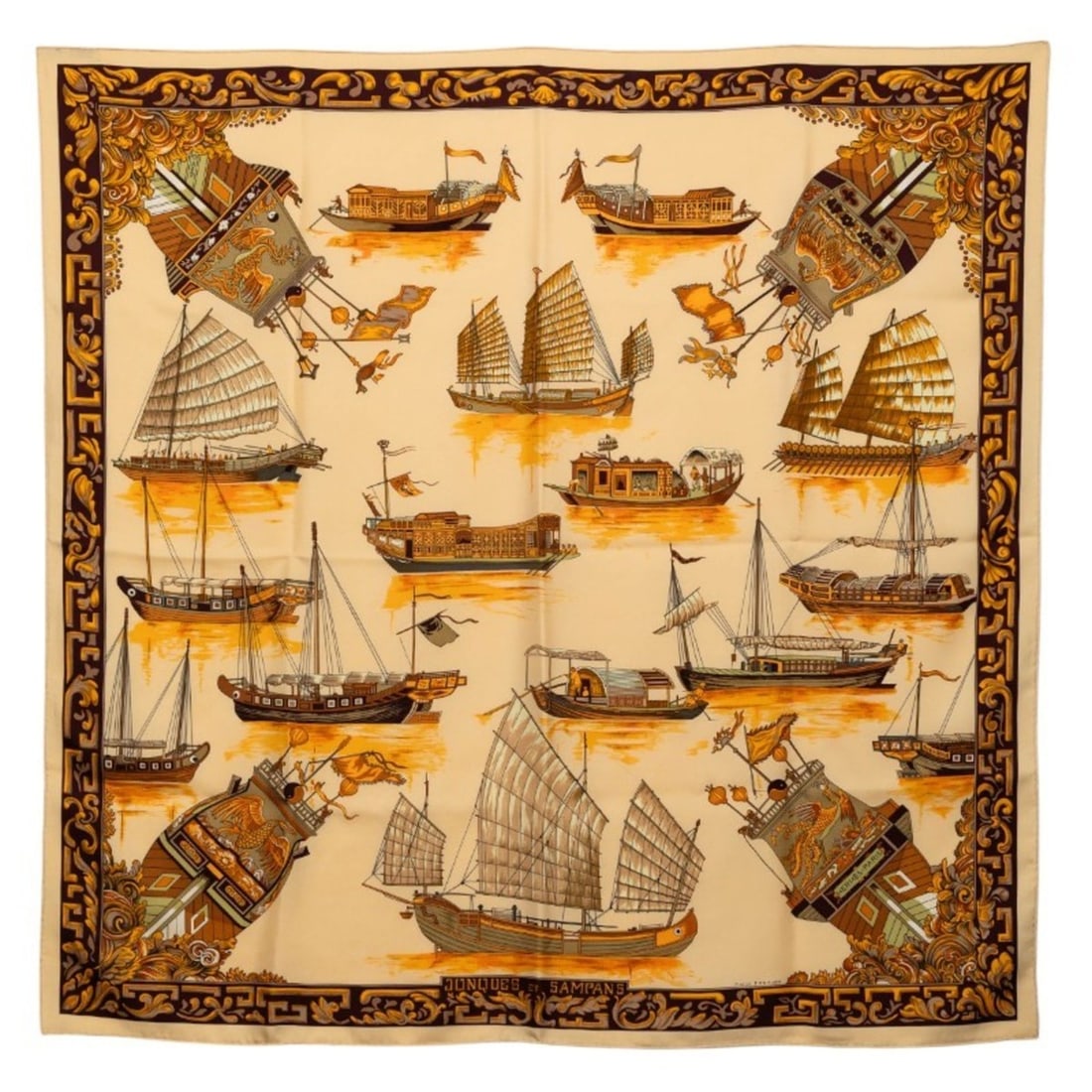 Hermes Hermès Carré 90 JUNQUES ET SAMPANS Scarf/Muffler in Beige and Multicolor Silk for Women (1 of 16)
