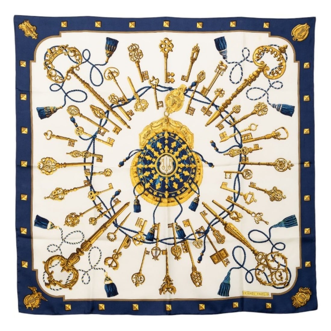 Hermes Hermès Carré 90 "Les Cles the Keys Rare" key scarf/muffler in blue and multicolored silk (1 of 8)