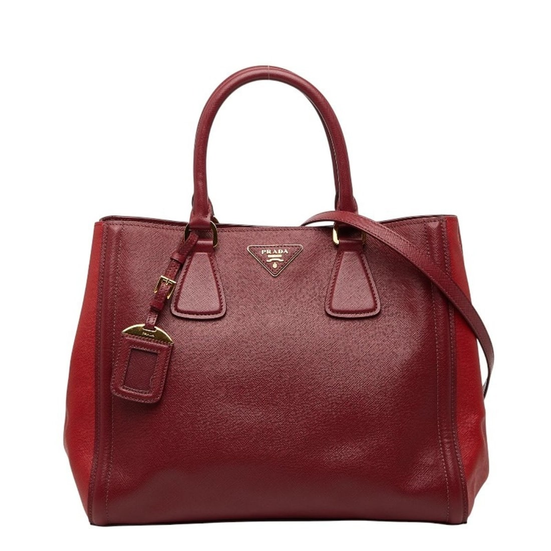 Prada Triangle Logo Plate Handbag/Shoulder Bag, 2-Way, Red Saffiano Leather, Women's, PRADA: --- Catalog ---Category: SizeStrap Drop: 60.5cm / 23.81''Handle Drop: 12.50cm / 4.92''Size (HxWxD): 26.5cm x 32.5cm x 14cm / 10.43'' x 12.79'' x 5.51''Category: DesignType: Handbag, Shoulder bagColor: