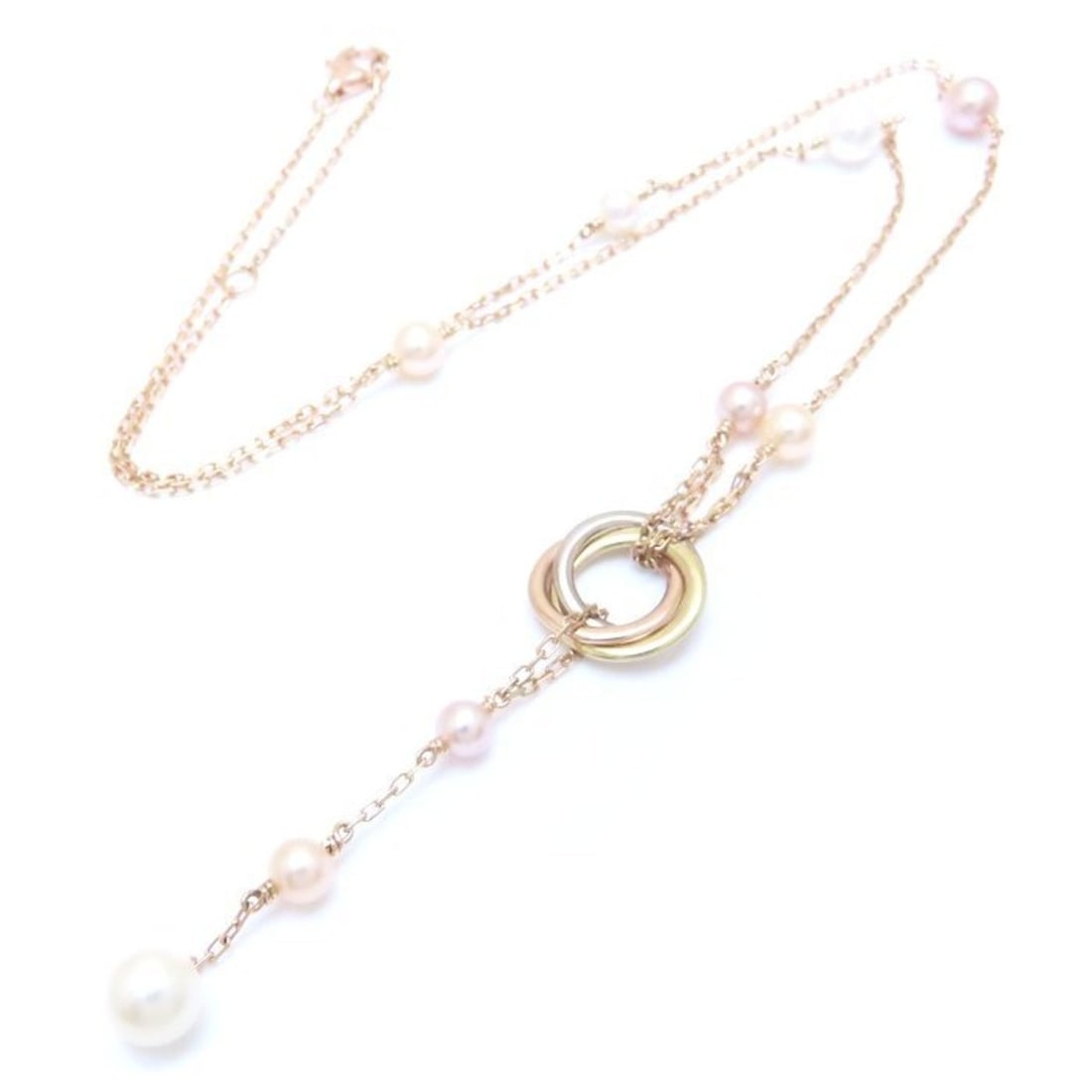 CARTIER Trinity Circle Drop Necklace with Baby Pearls and 18K Three-Tone Gold 293874: --- Catalog ---Category: SizePendant Size: 11.5mm x 11.7mm / 0.45'' x 0.46''Neck Circumference: 57.4 cm / 22.59''Category: DesignColor: Multi-color, PinkGender: WomenMaterial: Pink goldNecklace Type: