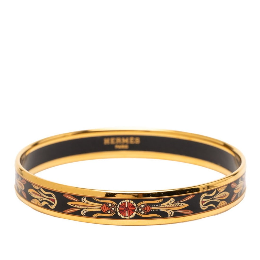 Hermes Enamel PM Cloisonne Bangle in Gold and Multicolor Plated for Women: --- Catalog ---Category: SizeLength: 19cm / 7.48''Category: DesignType: BangleColor: Black, GoldGender: WomenCategory: GeneralBrand: Hermes--- Item List ---Section: ConditionRanking: Rank AB Used - Tr