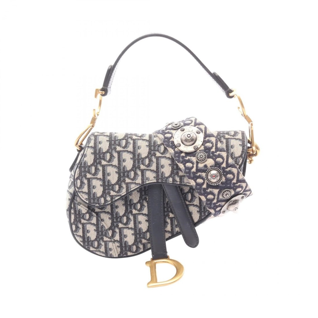 Christian Dior Dior Saddle Bag Mini Oblique Jacquard Handbag Canvas Leather Women's Ivory Navy (1 of 10)