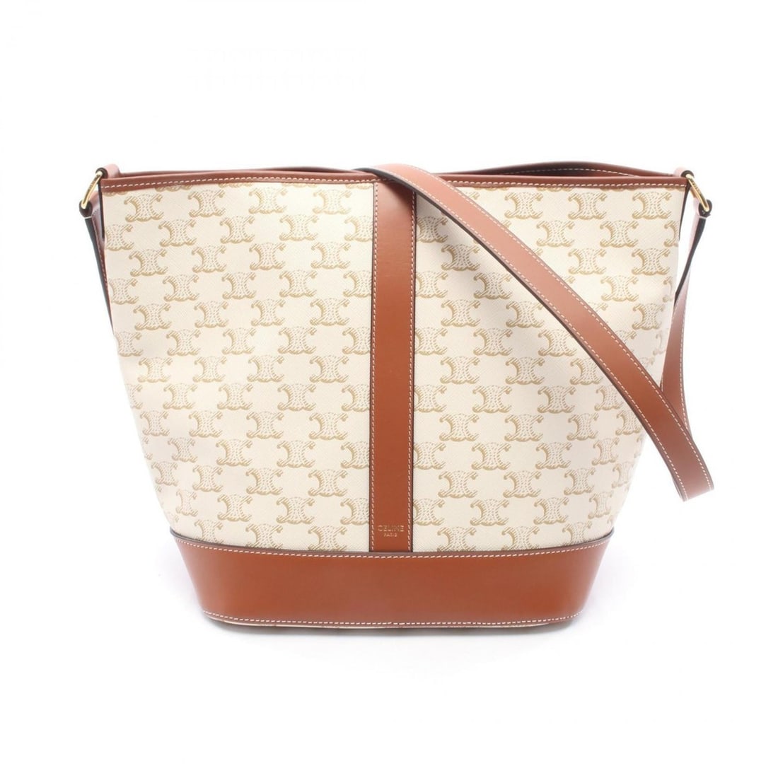 Celine Triomphe Medium Bucket Shoulder Bag in Coated Canvas and Leather, White Brown, 191132CAS: --- Catalog ---Category: SizeSize (HxWxD): 27cm x 24cm x 17.5cm / 10.62'' x 9.44'' x 6.88''Category: DesignType: Shoulder bagColor: Brown, WhiteGender: WomenMaterial: Coated canvas , Leather Category:
