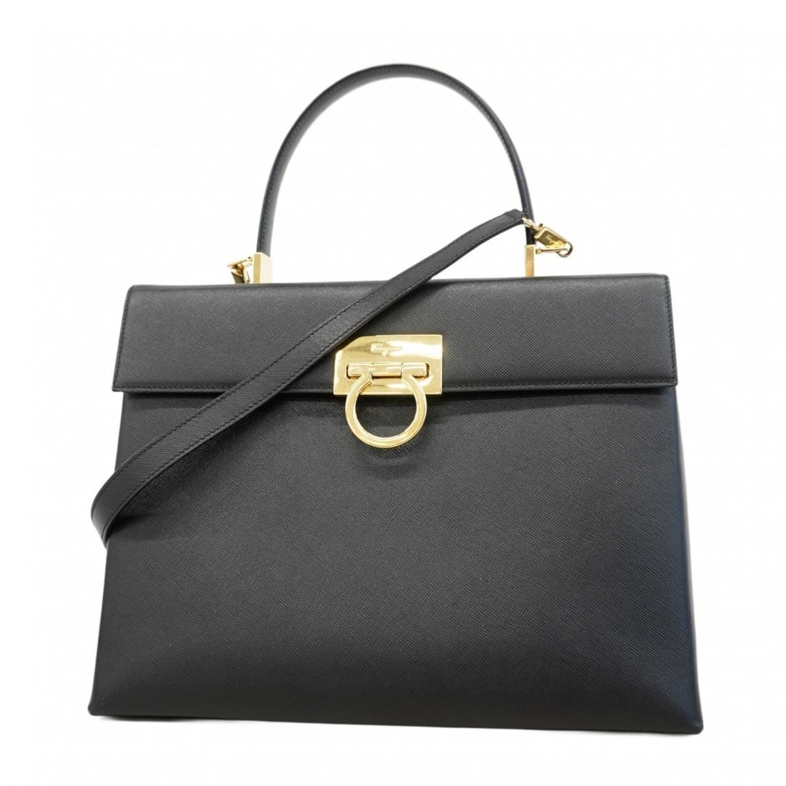 Salvatore Ferragamo Gancini Leather Handbag, Black, 2-Way Bag for Women (1 of 16)