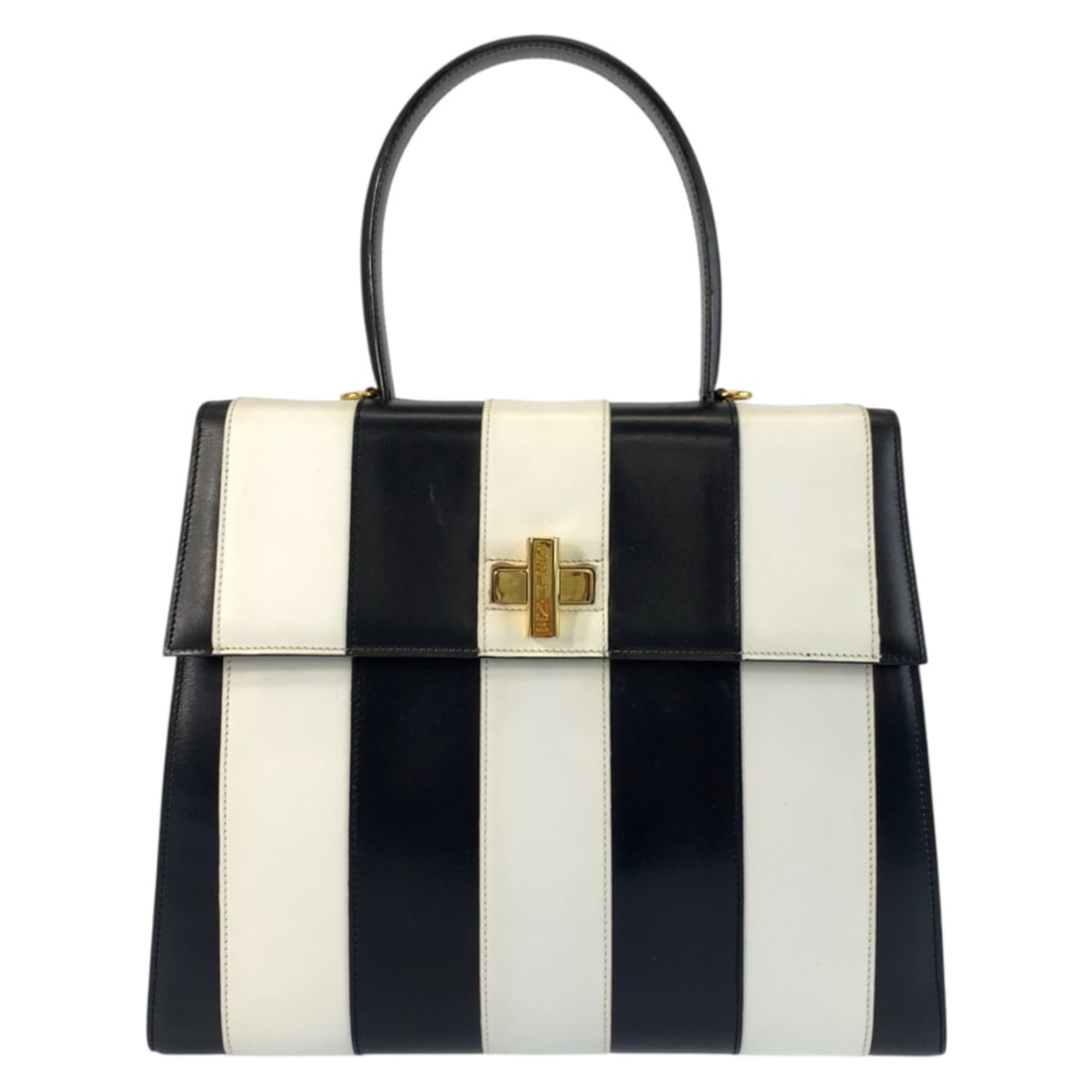 CELINE Vintage Turnlock Stripe Leather Handbag F 02 Women's, White, Black, Gold Hardware: --- Catalog ---Category: SizeSize (HxWxD): 23cm x 25cm x 10cm / 9.05'' x 9.84'' x 3.93''Category: DesignType: HandbagColor: Black, WhiteGender: WomenMaterial: Leather Category: GeneralBrand: CelineCou