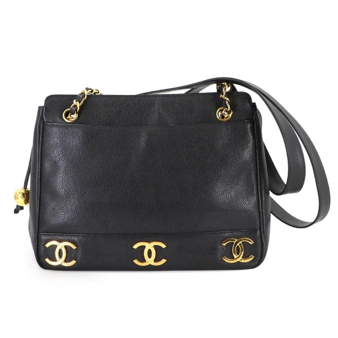 CHANEL Triple Coco Chain Shoulder Bag in Black Caviar with Gold Hardware: --- Catalog ---Category: SizeSize (HxWxD): 24cm x 31cm x 9cm / 9.44'' x 12.2'' x 3.54''Category: DesignType: Shoulder bagColor: BlackGender: WomenMaterial: Grained Calfskin Category: GeneralBrand: Cha