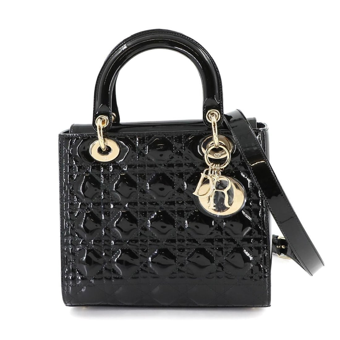 Christian Dior Cannage Lady Medium 2-Way Hand/Shoulder Bag in Black Enamel: --- Catalog ---Category: SizeSize (HxWxD): 20cm x 23.5cm x 12cm / 7.87'' x 9.25'' x 4.72''Category: DesignType: Handbag, Shoulder bagColor: BlackGender: WomenMaterial: Leather Leather/Fur Type: Enamel