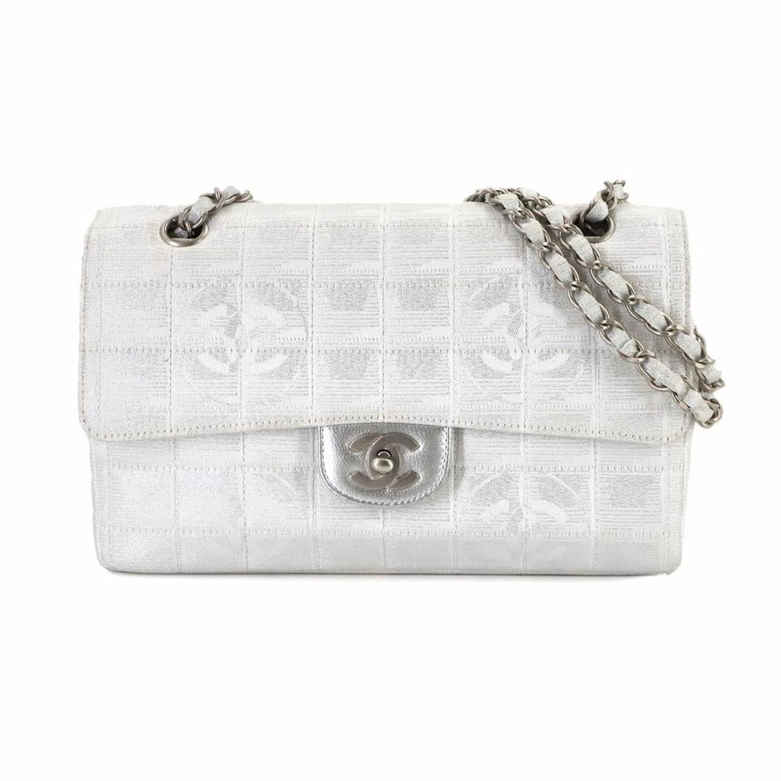 CHANEL New Travel Line Chocobar Chain Shoulder Bag in Nylon Jacquard and Leather, White (A15285) (1 of 20)