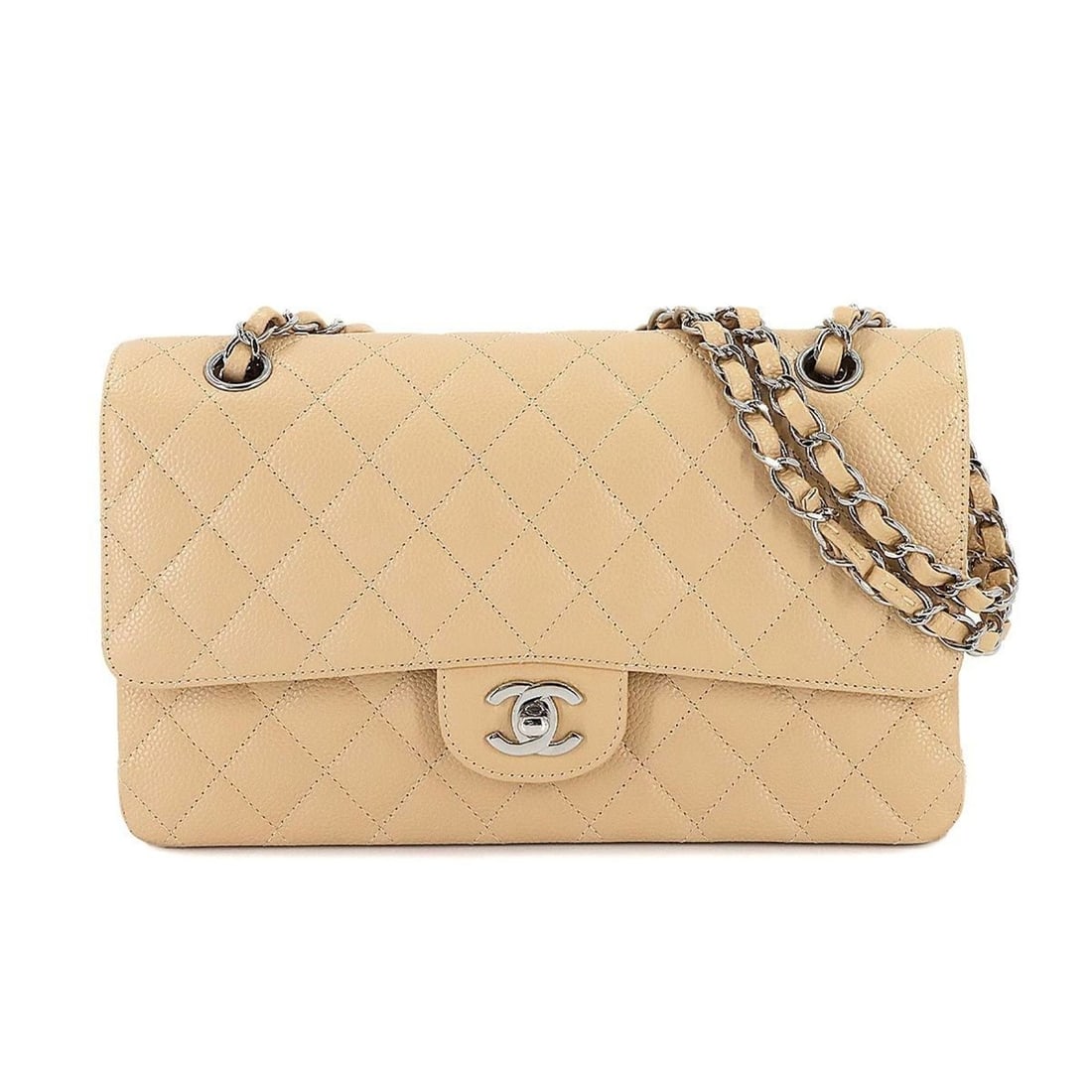 CHANEL Matelasse 25 Chain Shoulder Bag in Beige Caviar Leather with Silver Hardware (A01112): --- Catalog ---Category: SizeSize (HxWxD): 15cm x 25.5cm x 6.5cm / 5.9'' x 10.03'' x 2.55''Category: DesignType: Shoulder bagColor: BeigeGender: WomenMaterial: Grained Calfskin Category: GeneralMPN: A
