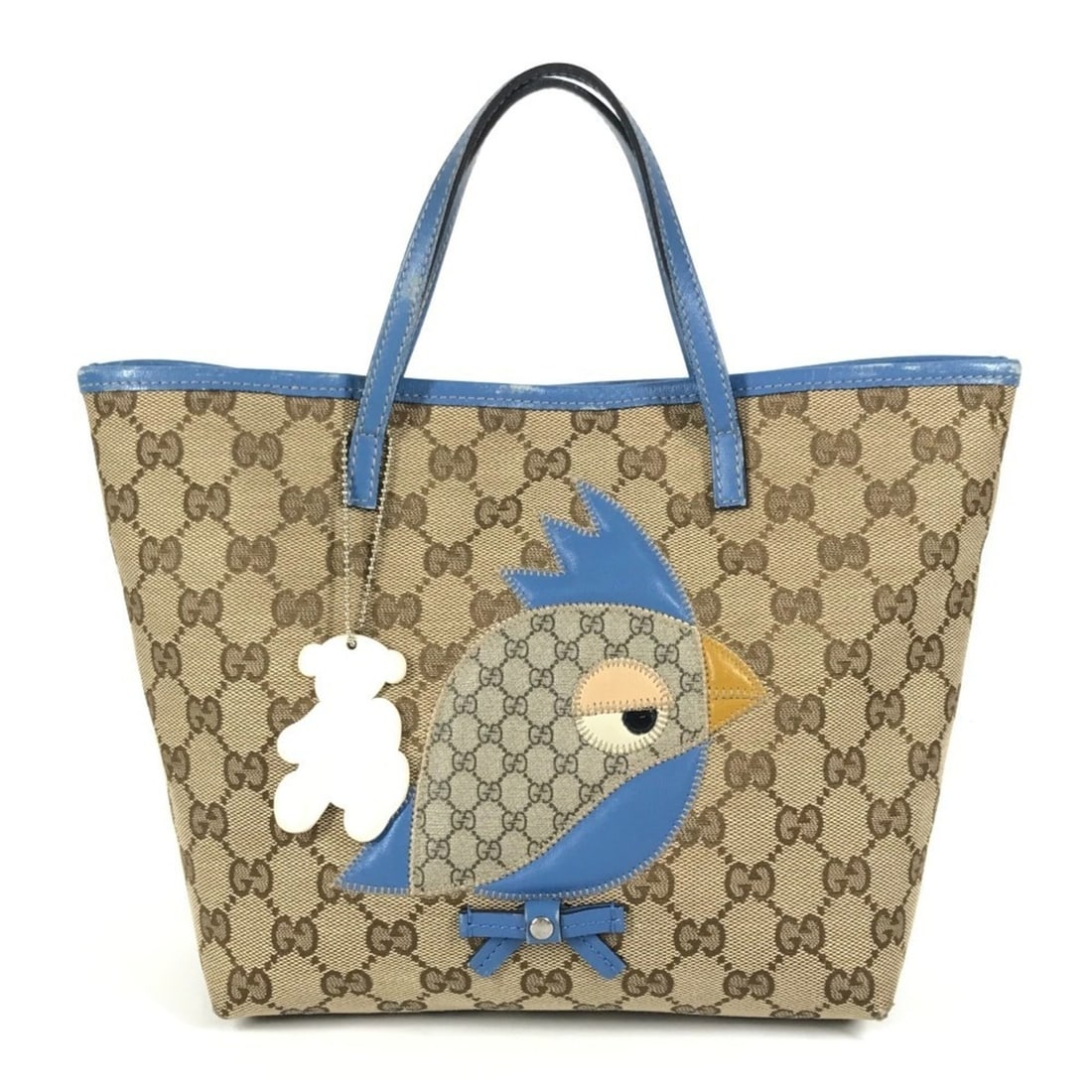 GUCCI 271101 GG Papagalo Parrot Charm Tote Bag, Handbag, Canvas and Leather, Kids' Blue: --- Catalog ---Category: SizeSize (HxWxD): 19.5cm x 28.5cm x 10cm / 7.67'' x 11.22'' x 3.93''Category: DesignType: Handbag, Tote bagColor: Beige, BlueGender: GirlsMaterial: GG canvas , Leather Categor