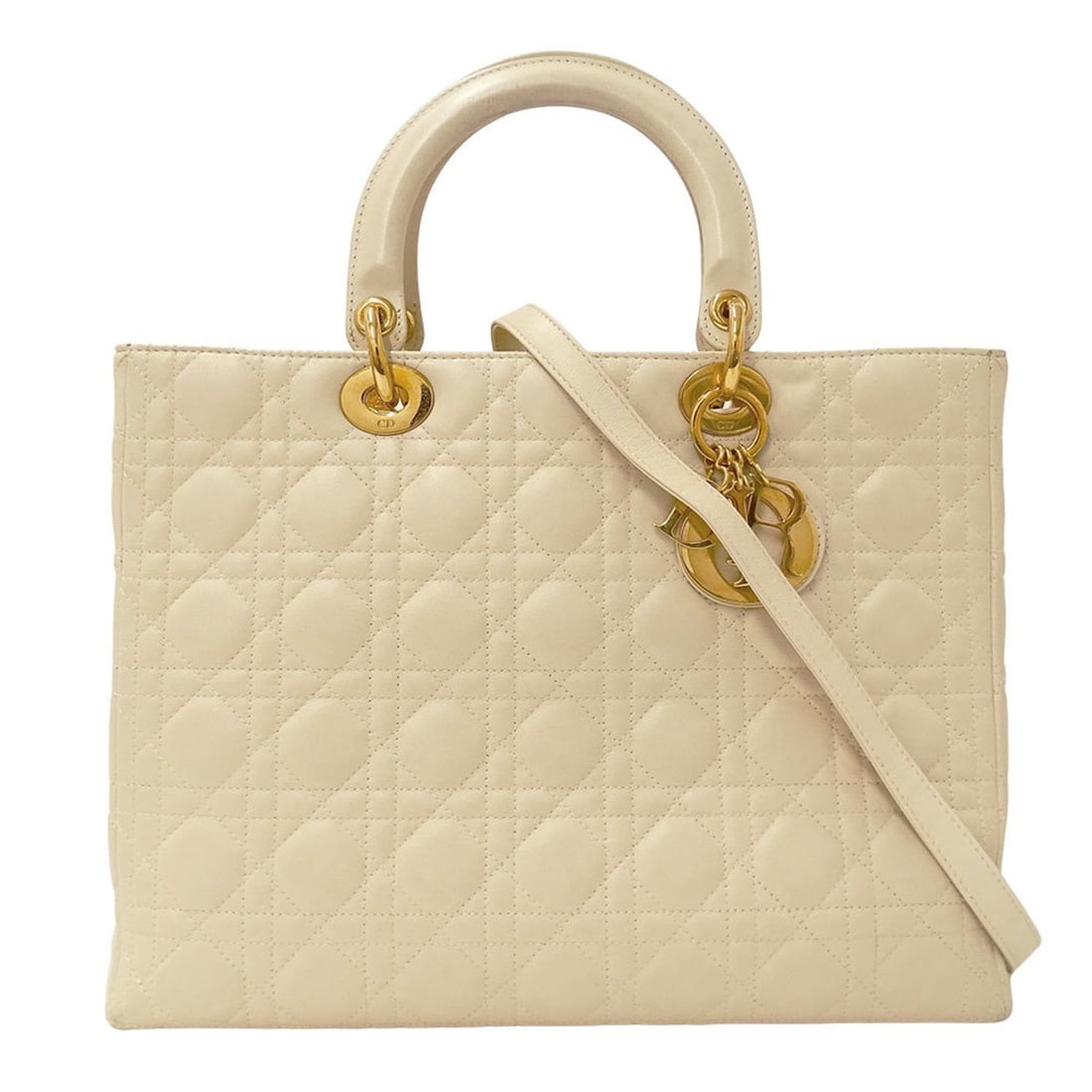 Christian Dior Dior Lady Large Ivory Handbag/Shoulder Bag, Women's, Quilted, Lambskin, 2-Way (1 of 15)