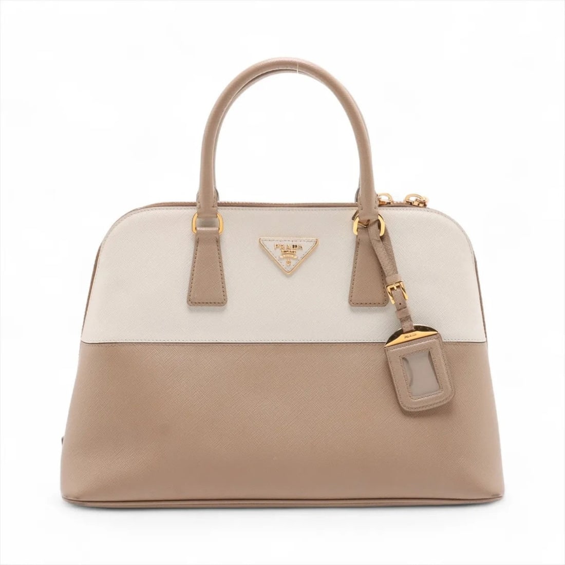 Prada Saffiano Triangle Logo Leather Handbag Tote Beige Women's (1 of 16)
