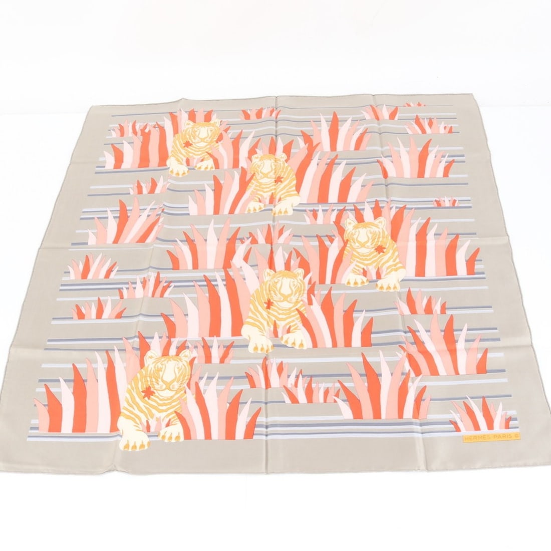 Hermes Hermès tagged 90 Tiger in the Herbes silk scarf/muffler for women. (1 of 11)