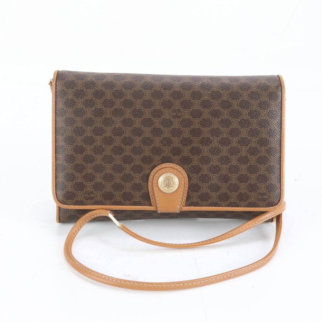 Celine Macadam Crossbody Leather Shoulder Bag Brown Women's: --- Catalog ---Category: SizeSize (HxWxD): 17cm x 24cm x 3cm / 6.69'' x 9.44'' x 1.18''Category: DesignType: Shoulder bagColor: BrownGender: WomenMaterial: Leather , Coated canvas Category: GeneralBra