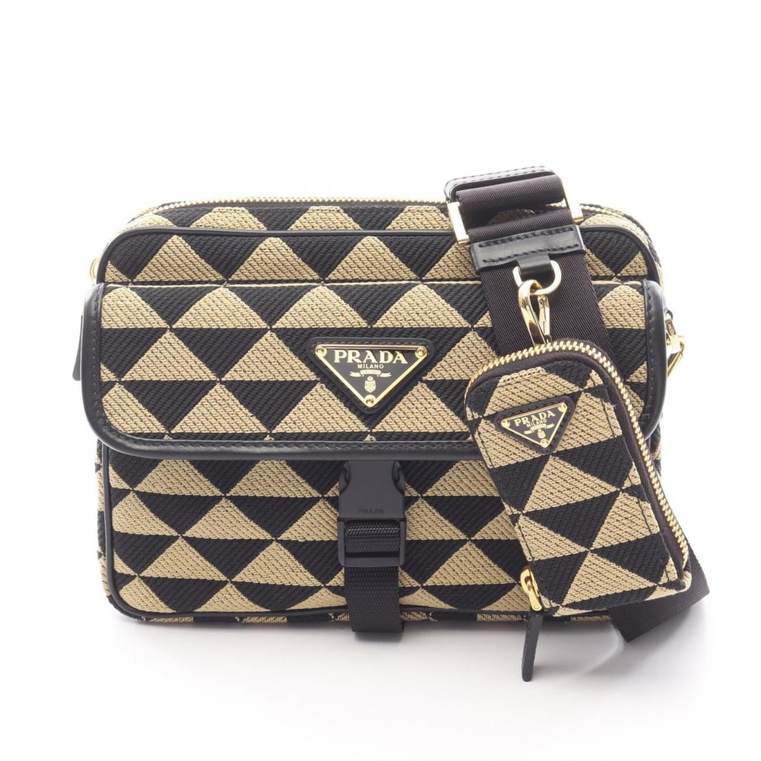 Prada PRADA Shoulder Bag, Canvas and Leather, Men's, Brown Black, 2VH133: --- Catalog ---Category: SizeSize (HxWxD): 16cm x 22.5cm x 3cm / 6.29'' x 8.85'' x 1.18''Category: DesignType: Pouch, Shoulder bagColor: Black, BrownGender: MenMaterial: Canvas Category: GeneralMPN: 2