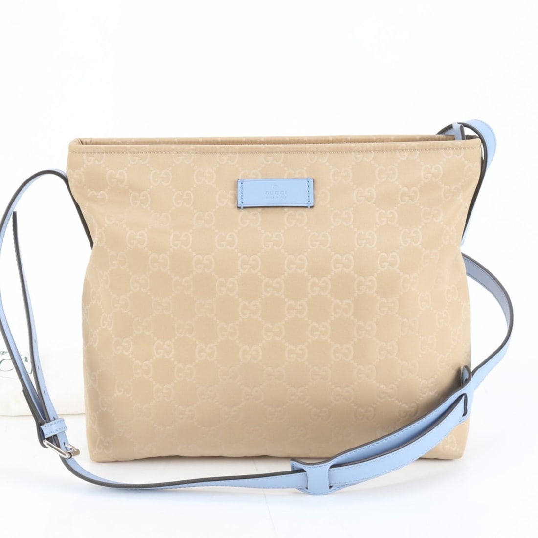 Gucci GG Nylon and Leather Shoulder Bag, Crossbody, Beige, Women's, 314529: --- Catalog ---Category: SizeSize (HxWxD): 24cm x 27cm x 9cm / 9.44'' x 10.62'' x 3.54''Strap Length: 112cm / 44.09''Category: DesignType: Shoulder bagColor: Beige, Light blueGender: WomenMaterial: Ny