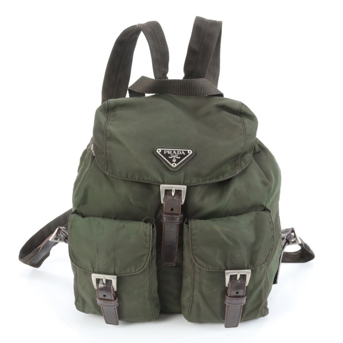 Prada Tessuto Nylon Triangle Logo Khaki Leather Backpack for Women (1 of 18)