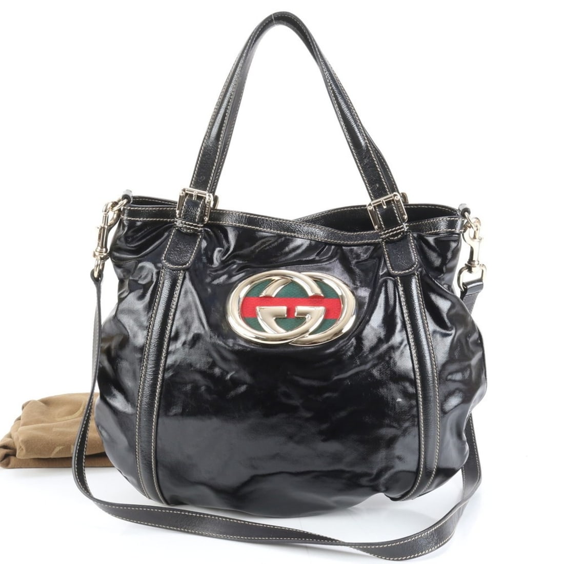 Gucci New Brit Double G 162886 Leather 2-Way Shoulder Bag Tote Black Women's (1 of 9)