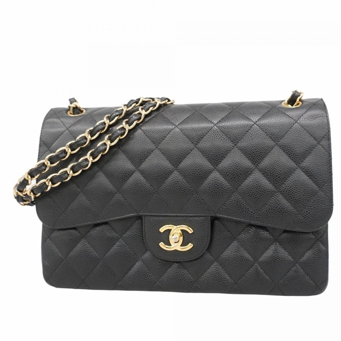 Chanel Matelasse Shoulder Bag with Double Flap and Chain, Caviar Skin, Black, Champagne, Women's: --- Catalog ---Category: SizeSize (HxWxD): 21cm x 29cm x 9cm / 8.26'' x 11.41'' x 3.54''Category: DesignType: Shoulder bagColor: BlackGender: WomenMaterial: Grained Calfskin Hardware Color: Champagne