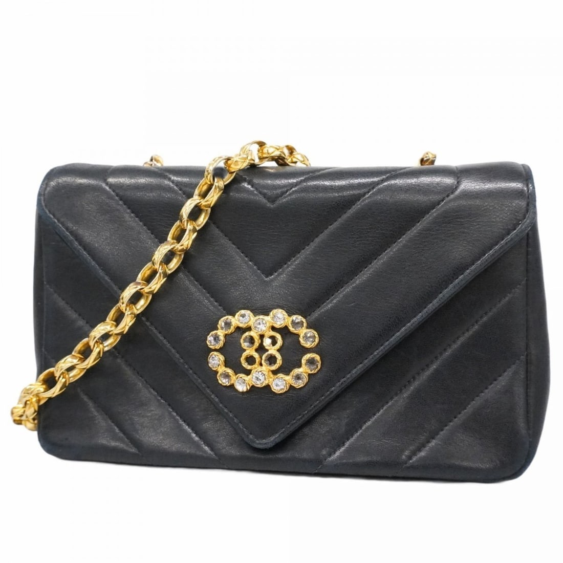 Chanel Shoulder Bag, V-Stitch Chain Lambskin, Black, Women's (1 of 19)