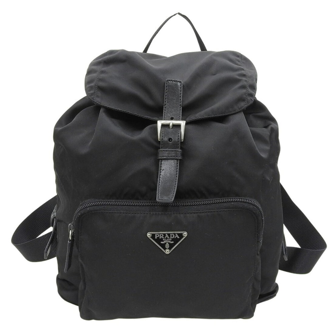 Prada Tessuto Backpack in Black Nylon with Triangular Plate: --- Catalog ---Category: SizeSize (HxWxD): 28cm x 27cm x 14cm / 11.02'' x 10.62'' x 5.51''Category: DesignType: BackpackColor: BlackGender: WomenMaterial: Nylon Category: GeneralBrand: PradaCountry