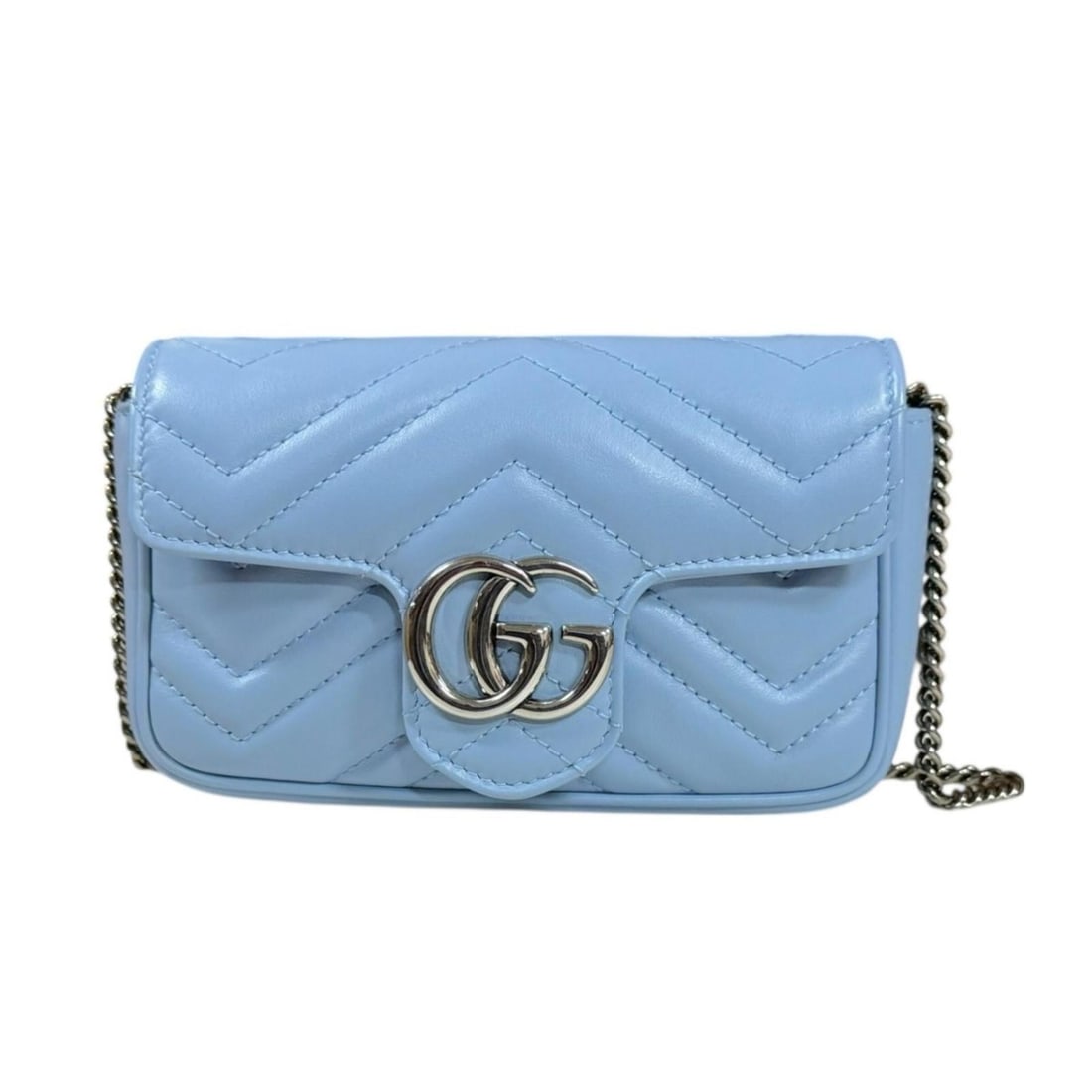 Gucci Super Mini Bag GG Marmont Shoulder Bag, Leather 476433, Blue, Women's, Pre-owned GUCCI Chain (1 of 9)