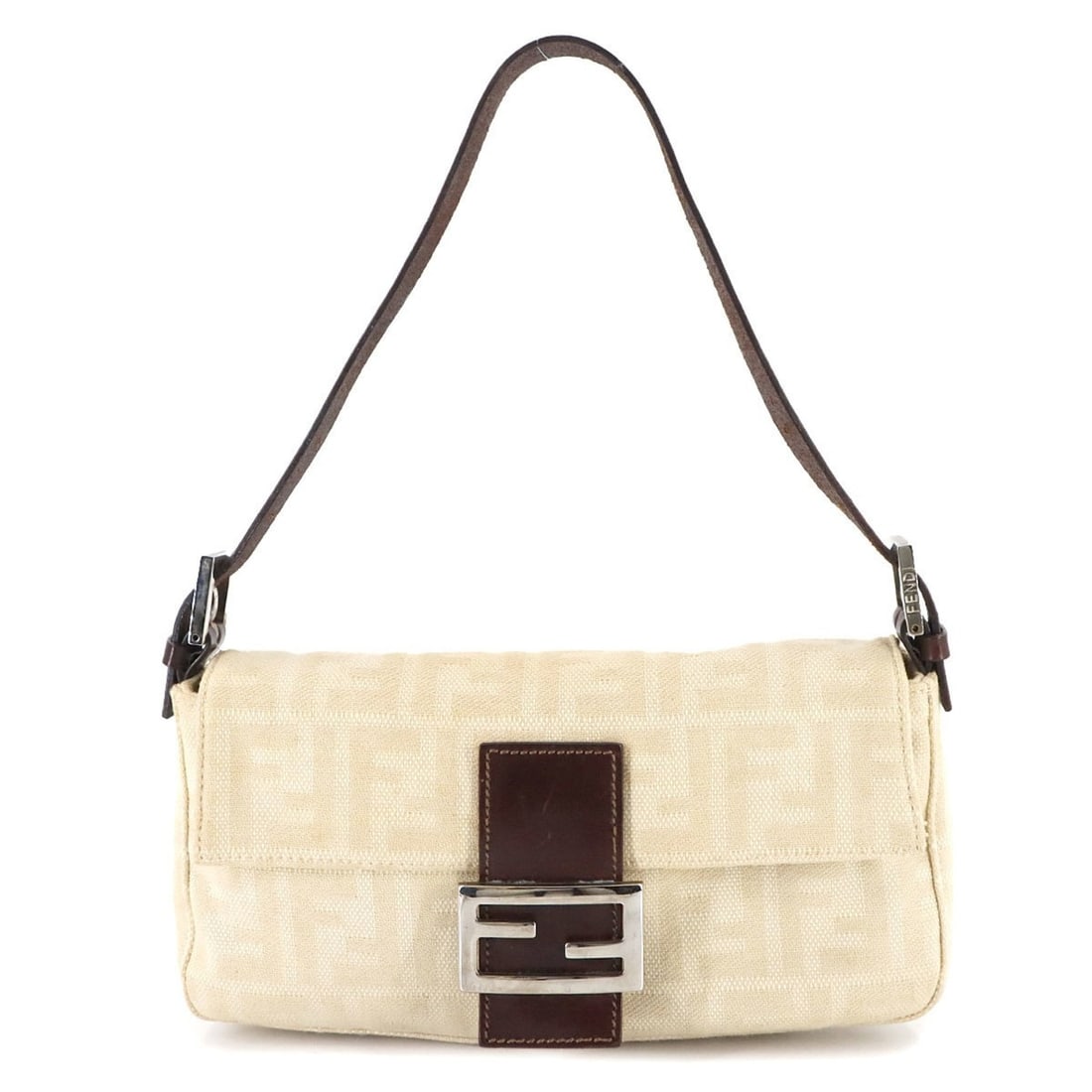 Fendi Zucca Mamma Baguette Shoulder Bag in Beige and Brown Canvas Leather with Silver Hardware,: --- Catalog ---Category: SizeSize (HxWxD): 14cm x 24.5cm x 4cm / 5.51'' x 9.64'' x 1.57''Category: DesignType: Shoulder bagColor: Beige, BrownGender: WomenMaterial: Canvas , Leather Category: GeneralM