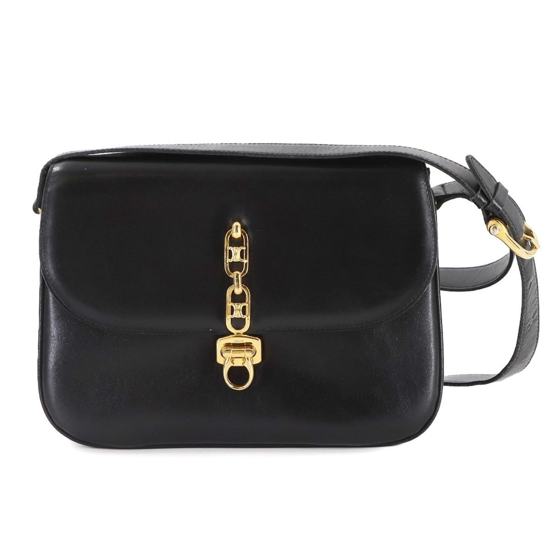 Celine Triomphe Shoulder Bag in Black Leather with Gold Hardware: --- Catalog ---Category: SizeSize (HxWxD): 17.5cm x 24cm x 6.5cm / 6.88'' x 9.44'' x 2.55''Category: DesignType: Shoulder bagColor: BlackGender: WomenMaterial: Leather Category: GeneralBrand: Celine--