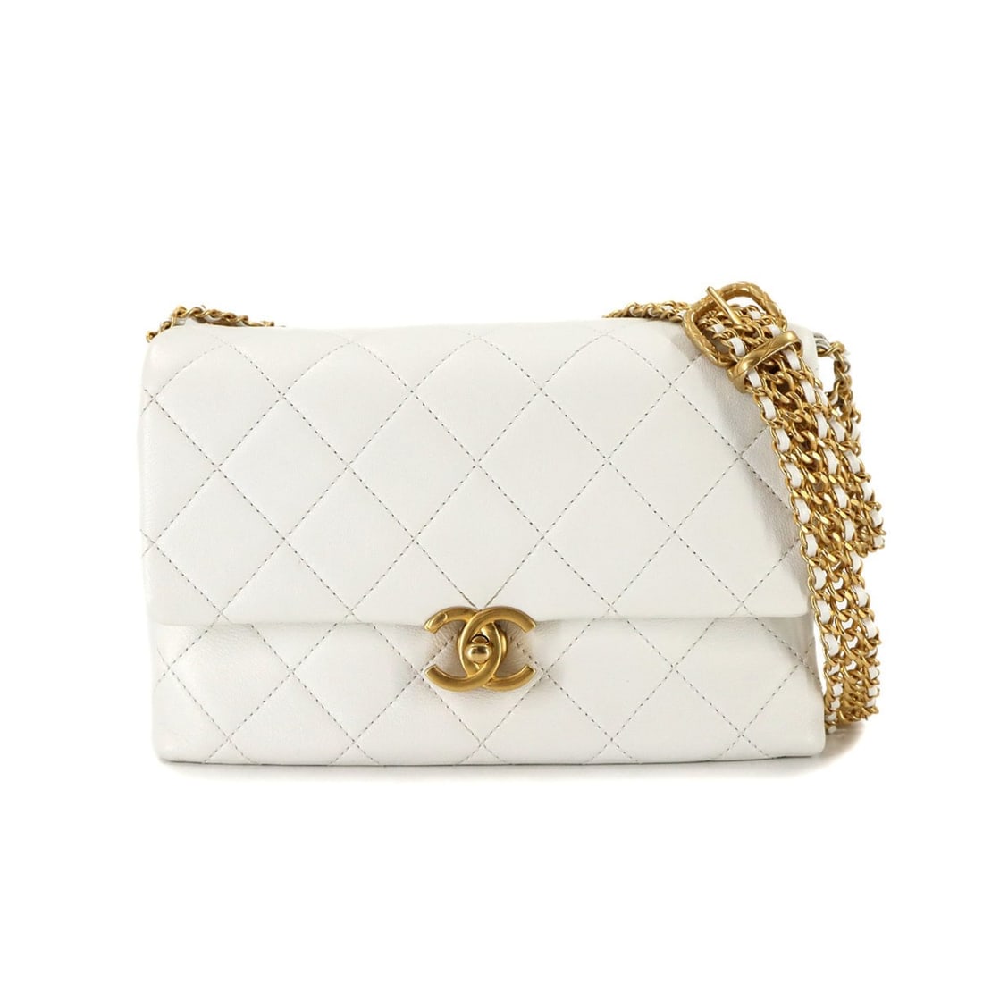 CHANEL Matelasse Chain Shoulder Bag in Calfskin Leather with White and Gold Hardware (1 of 13)