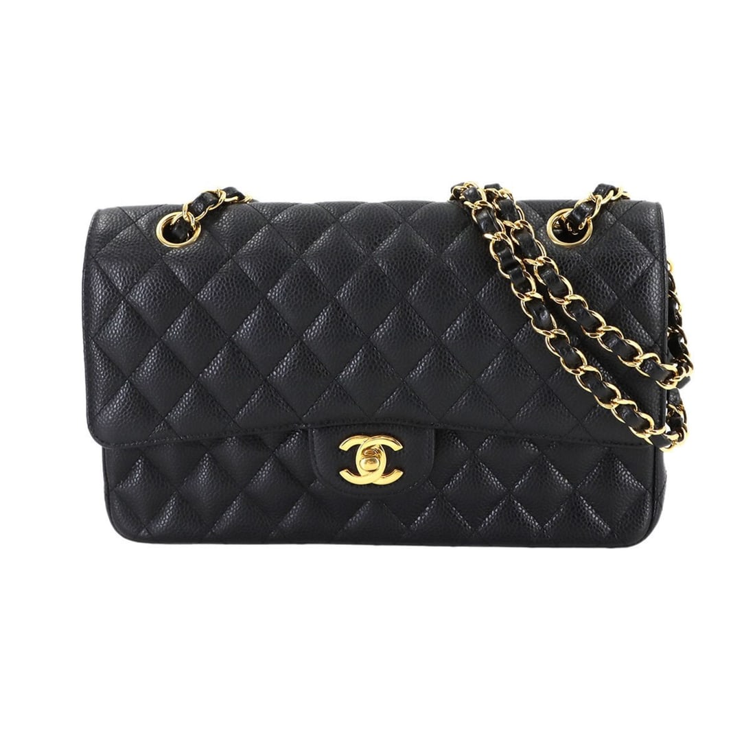 CHANEL Matelasse 25 Chain Shoulder Bag in Black Caviar Leather with Gold Hardware (A01112): --- Catalog ---Category: SizeSize (HxWxD): 15cm x 25cm x 6.5cm / 5.9'' x 9.84'' x 2.55''Category: DesignType: Shoulder bagColor: BlackGender: WomenMaterial: Grained Calfskin Category: GeneralMPN: A011