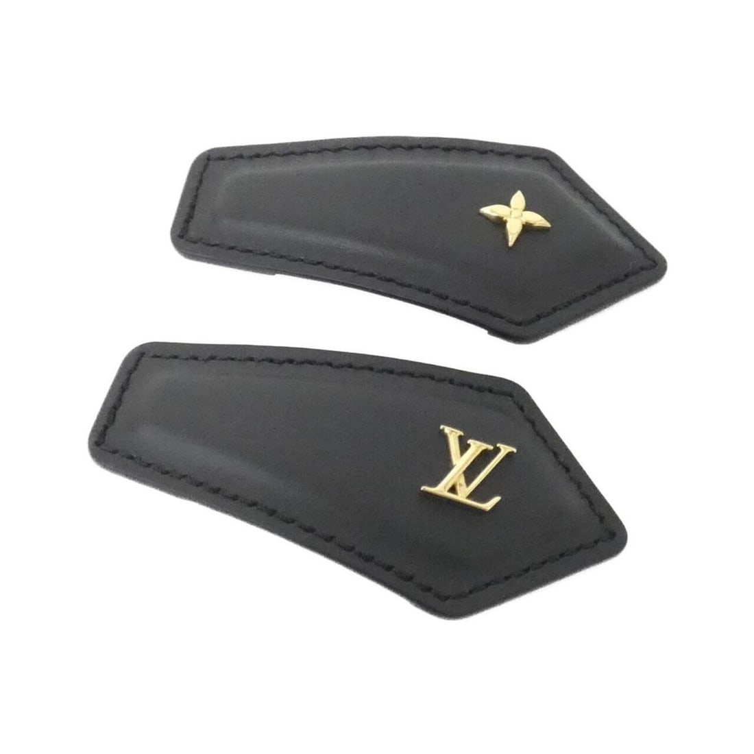 Louis Vuitton Set of 2 Barrettes LV Backstage M01442 Hair Accessories: --- Catalog ---Category: SizeSize (LxW): 4cm x 8cm / 1.57'' x 3.14''Category: DesignType: BarretteColor: Black, GoldGender: WomenMaterial: LeatherLeather/Fur Type: Calf leatherCategory: GeneralMPN: M0