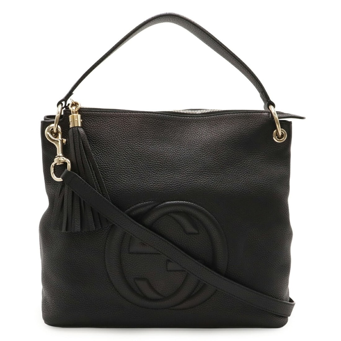 GUCCI Soho Interlocking G Tassel Shoulder Bag/Handbag in Black Leather (408825): --- Catalog ---Category: SizeWeight: 1kg / 2.2lb.Size (HxWxD): 31.5cm x 34cm x 14cm / 12.4'' x 13.38'' x 5.51''Strap Length: 95cm / 37.4''Category: DesignType: Handbag, Shoulder bagColor: BlackGender:
