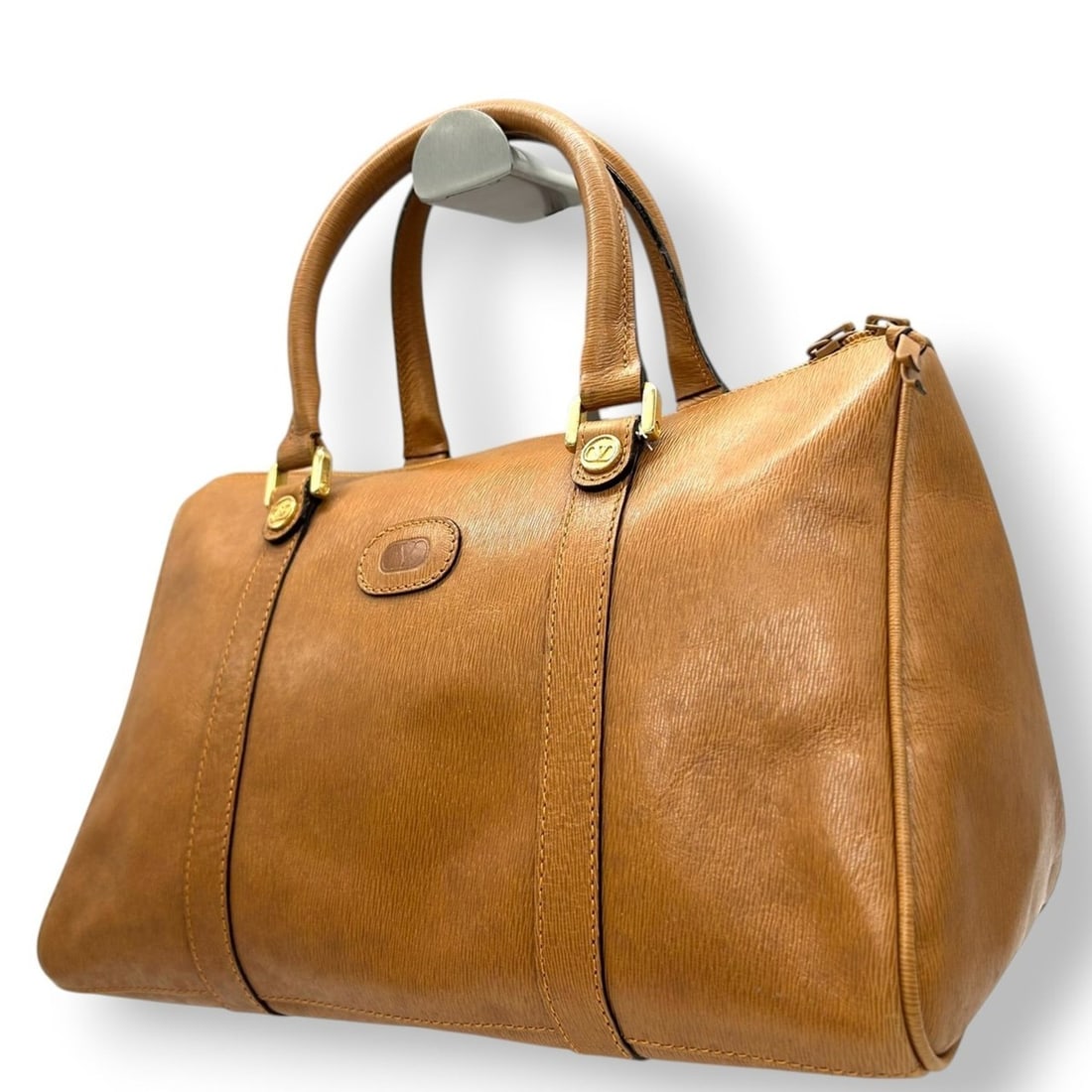 Valentino Garavani Mini Boston Handbag in Camel Brown Leather with V Logo and Gold Hardware, Women's (1 of 20)