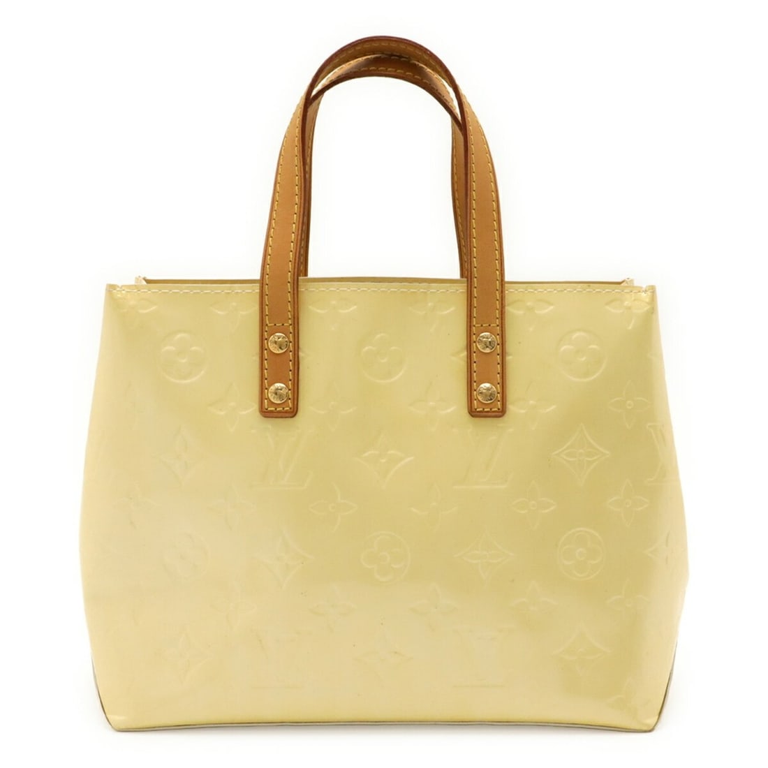 LOUIS VUITTON Monogram Vernis Reed PM Handbag/Tote Bag/Mini Tote in Perle Cream Yellow, M91336: --- Catalog ---Category: SizeWeight: 240g / 8.46oz.Size (HxWxD): 18cm x 22cm x 10cm / 7.08'' x 8.66'' x 3.93''Category: DesignType: Handbag, Tote bagColor: PearlGender: WomenMaterial: Patent leather C