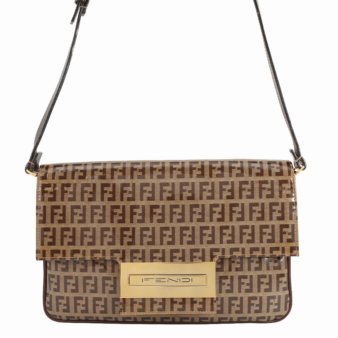 Fendi Zucchino Patent Leather Shoulder Bag: --- Catalog ---Category: SizeSize (HxWxD): 17.5cm x 26cm x 3cm / 6.88'' x 10.23'' x 1.18''Category: DesignType: Shoulder bagColor: Beige brownGender: Women,MenCategory: GeneralBrand: FendiCountry of O