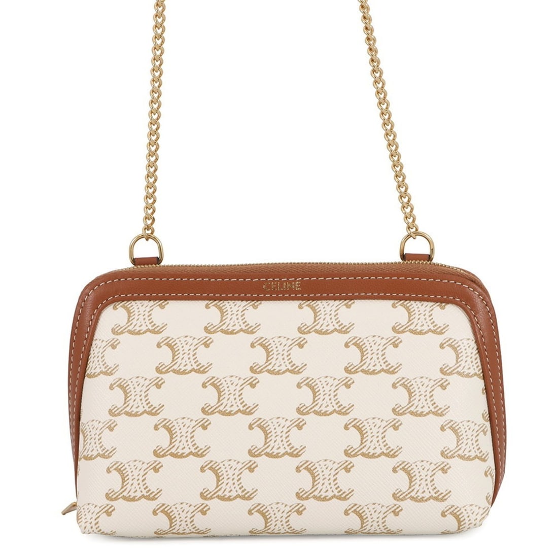 Celine Triomphe Chain Shoulder Bag, Clutch, 10E382CBX.01TA, White/Brown: --- Catalog ---Category: SizeSize (HxWxD): 10.5cm x 16.5cm x 8cm / 4.13'' x 6.49'' x 3.14''Category: DesignType: Shoulder bagColor: Brown, WhiteGender: WomenMaterial: PVC , Leather Category: GeneralMP
