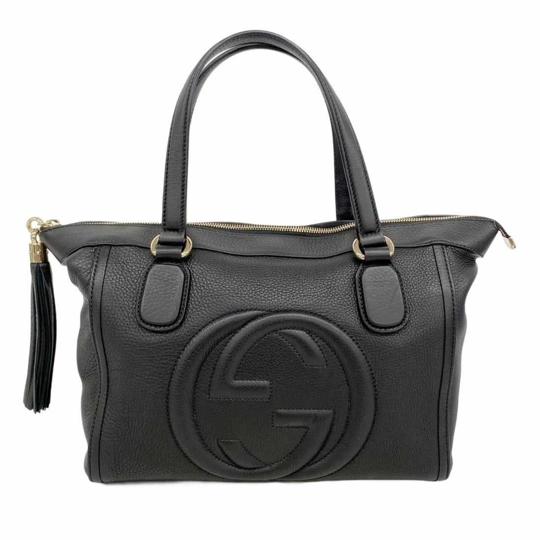 Gucci Soho Tote Bag 282307 Leather Black Champagne Women's: --- Catalog ---Category: SizeSize (HxWxD): 24.5cm x 30cm x 11cm / 9.64'' x 11.81'' x 4.33''Category: DesignType: Tote bagColor: BlackGender: WomenMaterial: Leather Hardware Color: Champagne goldCatego