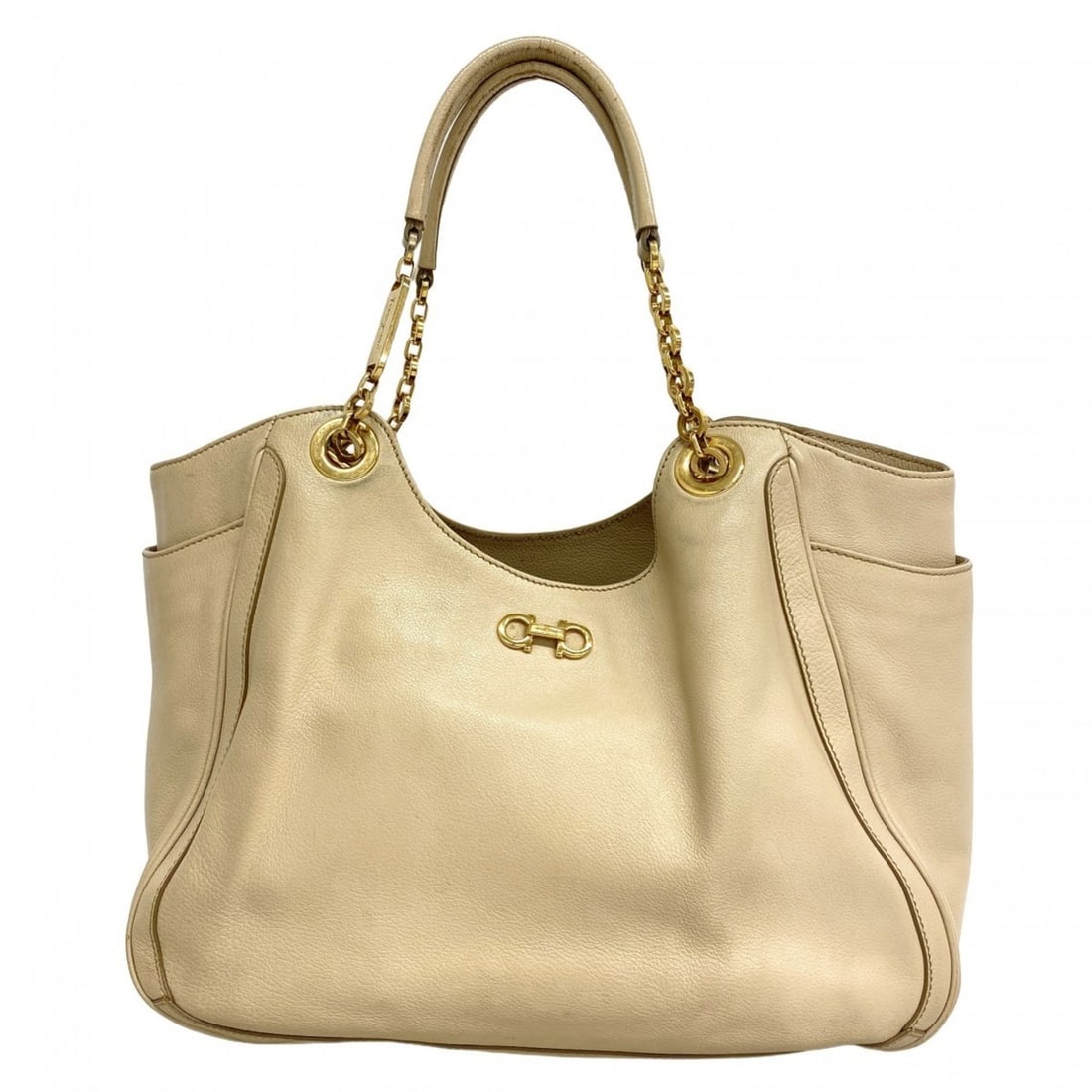Salvatore Ferragamo Gancini Leather Tote Bag, Beige, Women's: --- Catalog ---Category: SizeSize (HxWxD): 23cm x 34cm x 12.5cm / 9.05'' x 13.38'' x 4.92''Category: DesignType: Tote bagColor: BeigeGender: WomenMaterial: Leather Hardware Color: GoldCategory: Genera