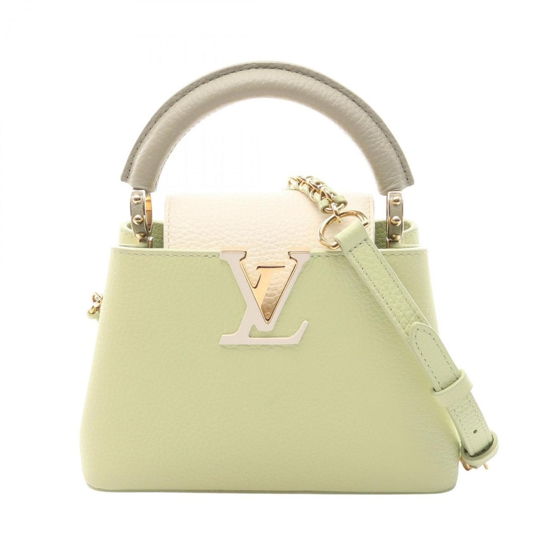 Louis Vuitton Capucines Mini Handbag, Leather, Women's, Green and White, M22916: --- Catalog ---Category: SizeSize (HxWxD): 15cm x 19.5cm x 7cm / 5.9'' x 7.67'' x 2.75''Category: DesignType: HandbagColor: Green, WhiteGender: WomenMaterial: Leather Category: GeneralMPN: M22916Brand