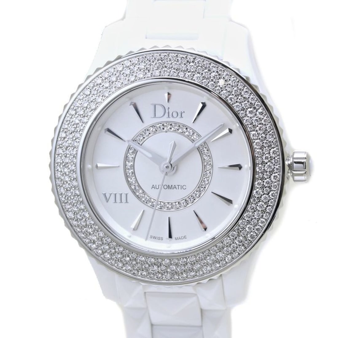 Christian Dior VIII On Huit Diamond CD1235E5C001 White Ceramic xSS Women's 39820: --- Catalog ---Category: SizeWrist Size: 18cm / 7.08''Case Diameter: 34mm / 1.34''Category: DesignType: WristwatchGender: Women,MenColor (Dial): SilverMaterial (Band): Ceramic, Stainless