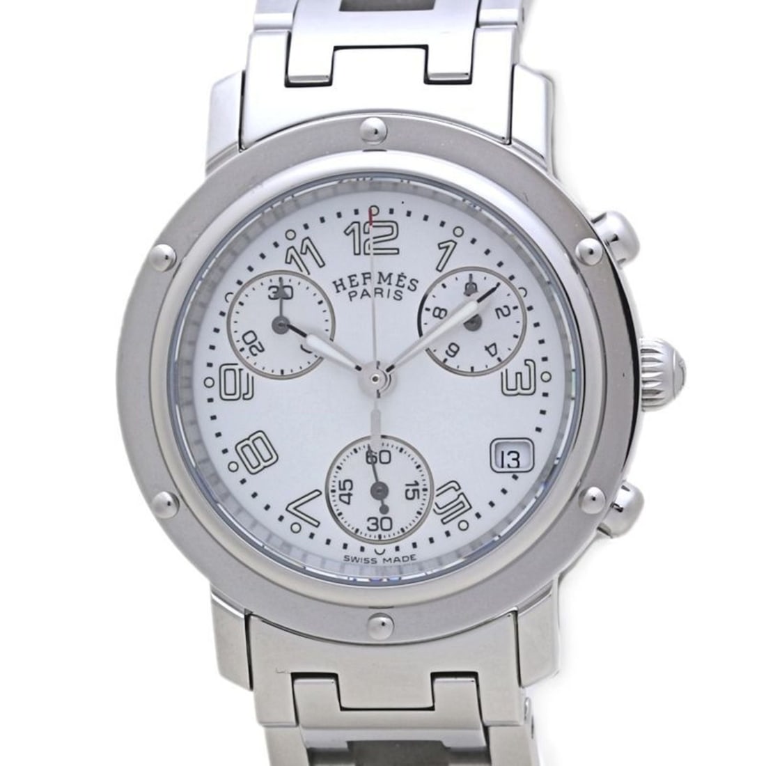 HERMES Women's Clipper Nacle Chronograph Watch with New Buckle, CL1.310.212, 3842SS, 40054: --- Catalog ---Category: SizeWrist Size: 16cm / 6.29''Case Diameter: 31mm / 1.22''Category: DesignType: WristwatchGender: WomenColor (Dial): White shellMaterial (Band): Stainless steelMaterial (Case):