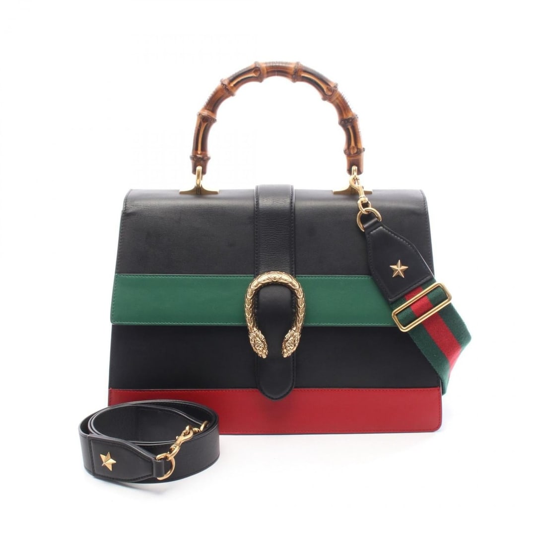 Gucci Bamboo Dionysus Handbag, Leather, Women's, Black, Green, Red, 421999: --- Catalog ---Category: SizeSize (HxWxD): 24.5cm x 34cm / 9.64'' x 13.38''Category: DesignType: HandbagColor: Black, Green, Red colorGender: WomenMaterial: Leather Category: GeneralMPN: 421999Brand: