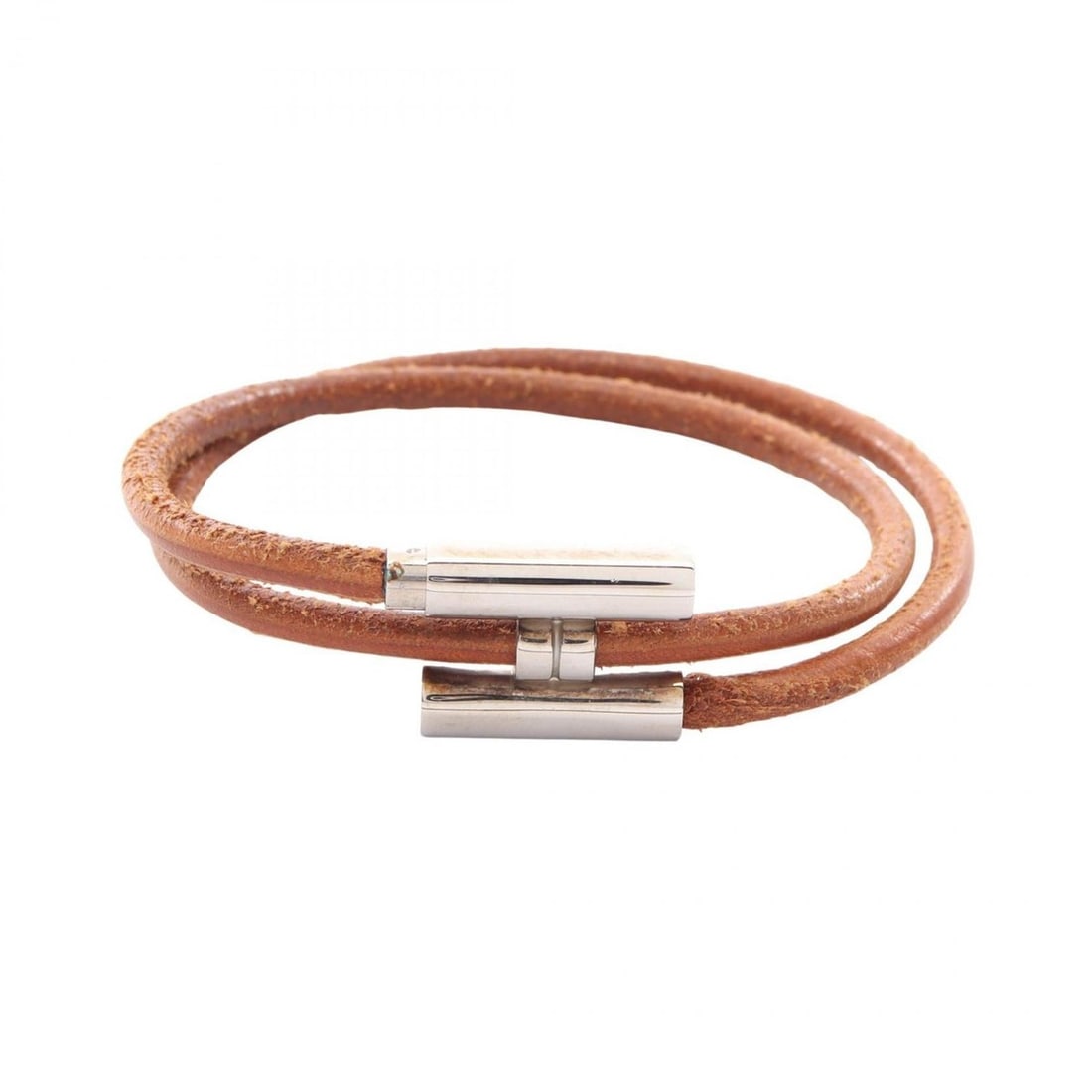 Hermes Hermès Tourni Tresse Bracelet, Stainless Steel and Leather, Women's, Silver Brown (1 of 10)