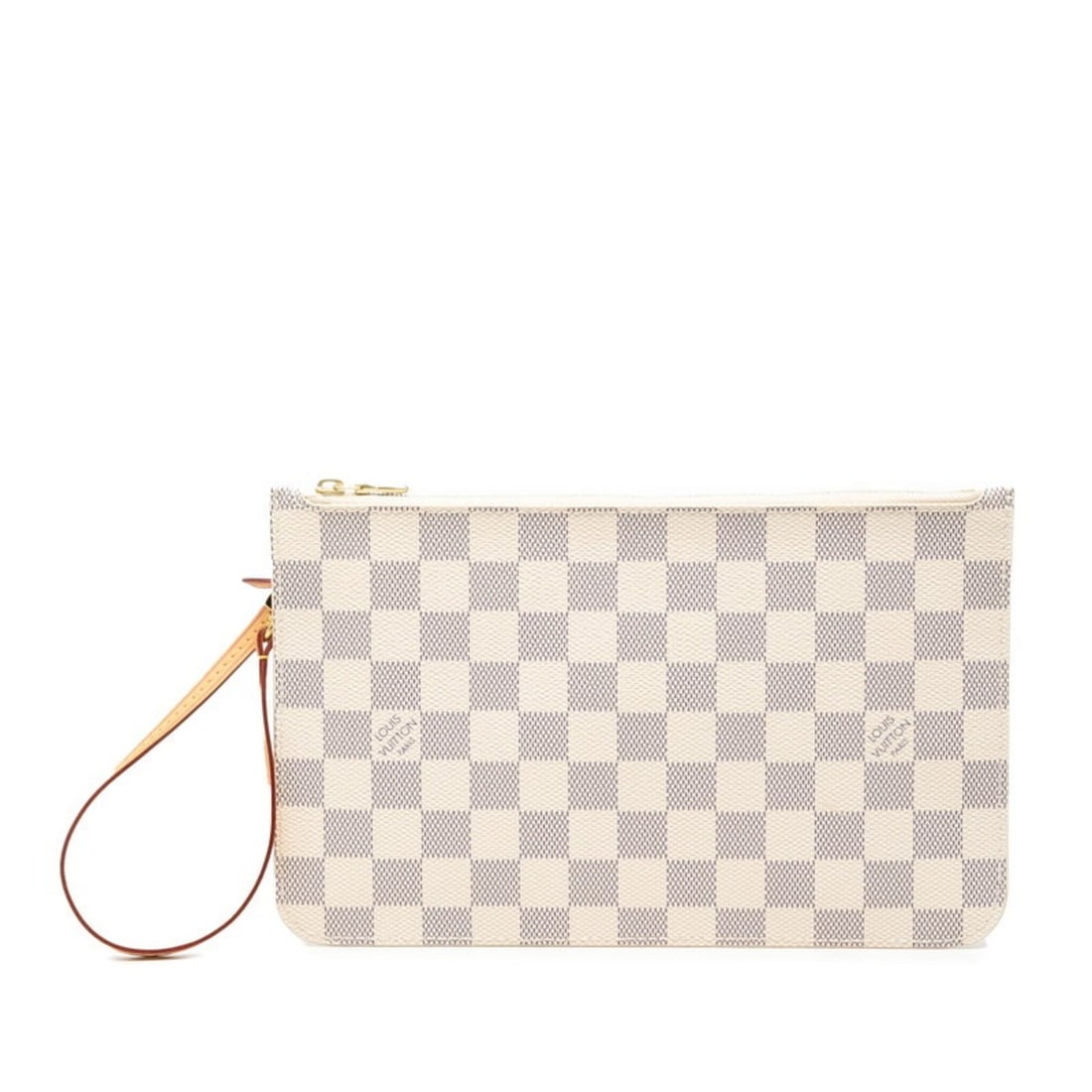 Louis Vuitton Damier Azur Neverfull Pouch, White Leather, Women's, LOUIS VUITTON: --- Catalog ---Category: SizeSize (HxWxD): 15cm x 24.5cm x 5.00mm / 5.9'' x 9.64'' x 0.19''Category: DesignType: PouchColor: Damier Azur, WhiteGender: WomenClosure: ZipperMaterial: Damier Azur Inner