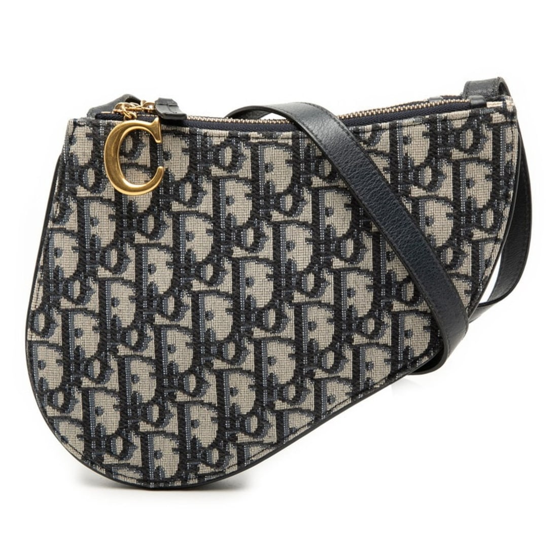 Christian Dior Dior Oblique Jacquard Saddle Pouch Rodeo Shoulder Bag in Beige and Navy Canvas (1 of 20)