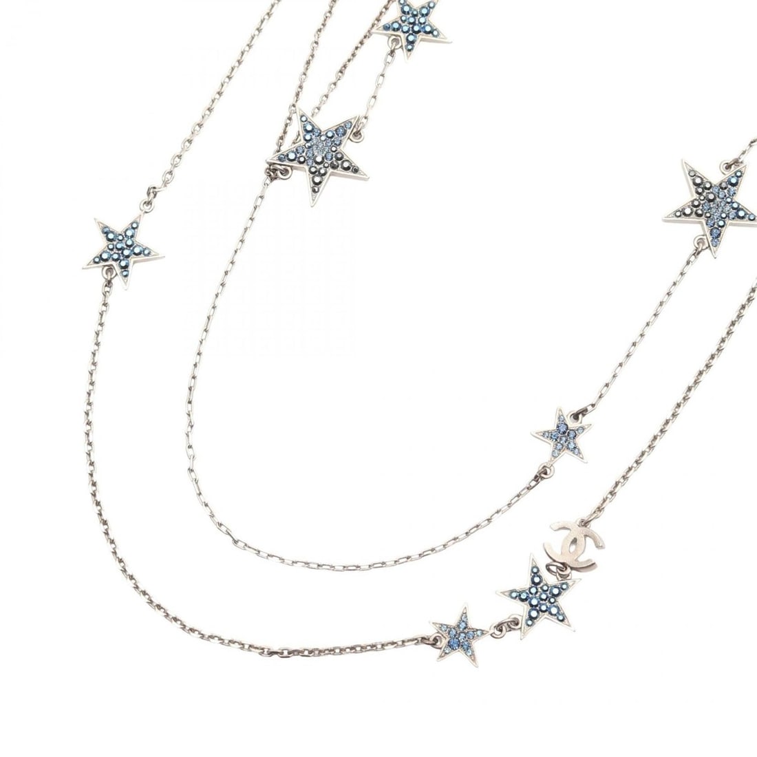 Chanel Coco Mark Star Necklace, Stainless Steel with Rhinestones, Women's, Silver, Blue, Yellow: --- Catalog ---Category: SizePendant Size: 36mm x 37mm / 1.41'' x 1.45''Neck Circumference: 86 cm - 91 cm / 33.85'' - 35.82''Category: DesignColor: Blue, Silver, YellowStone: RhinestoneGender: WomenMa