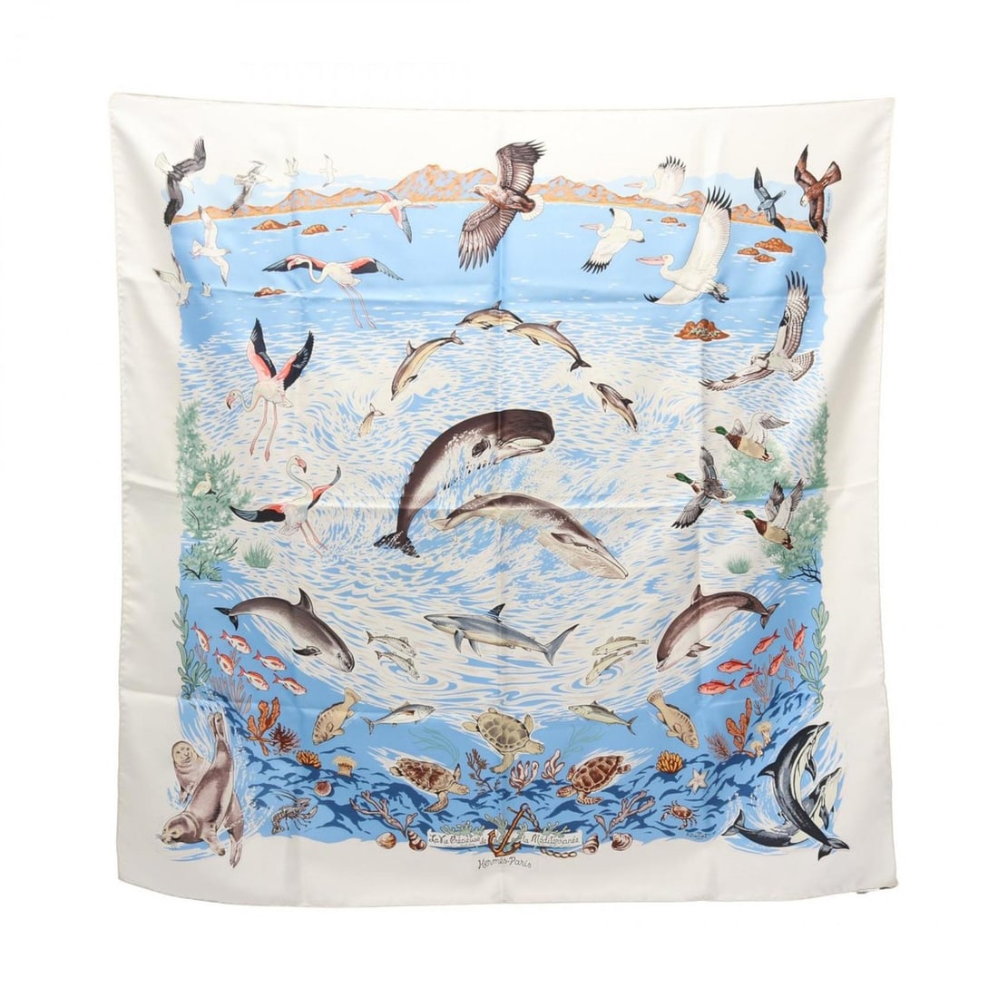 Hermes Hermès Carré 90 "La Vie Prcieuse de la Mediterrane" Silk Scarf for Women, White, Blue, and (1 of 9)