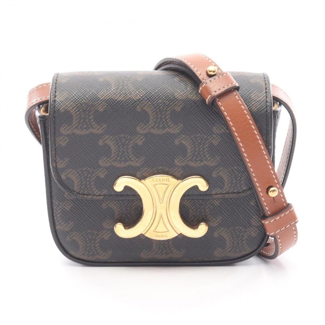 Celine Mini Claude Triomphe Shoulder Bag, Coated Canvas and Leather, Women's, Black Brown,: --- Catalog ---Category: SizeSize (HxWxD): 9.5cm x 11cm x 4cm / 3.74'' x 4.33'' x 1.57''Category: DesignType: Shoulder bagColor: Black, BrownGender: WomenMaterial: Coated canvas , Leather Category: Ge