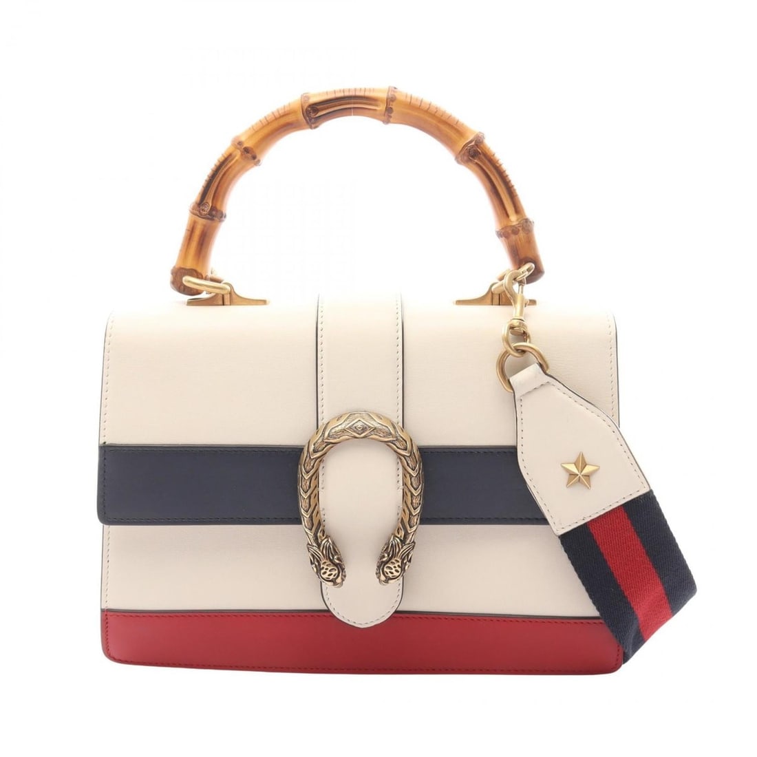Gucci Bamboo Dionysus Medium Handbag, Leather, Women's, White, Navy, Red, 448075 (1 of 14)