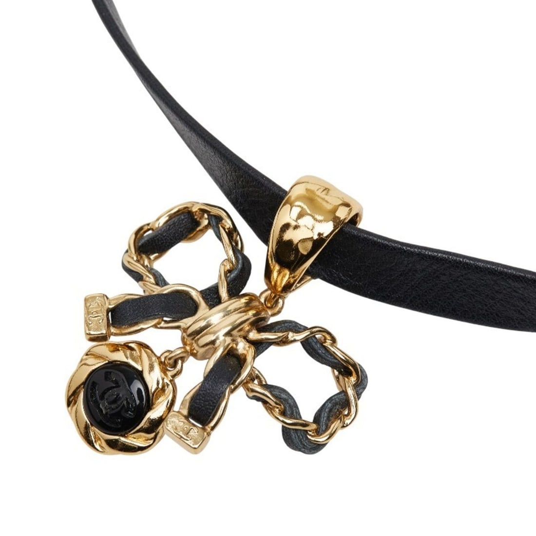 Chanel Coco Mark Ribbon Motif Choker in Gold and Black Plated Leather for Women: --- Catalog ---Category: SizeWidth: 10mm / 0.39''Neck Circumference: 110 cm / 43.3''Category: DesignColor: Black, GoldGender: WomenMaterial: LeatherNecklace Type: ChokerCategory: GeneralBrand: Chanel-
